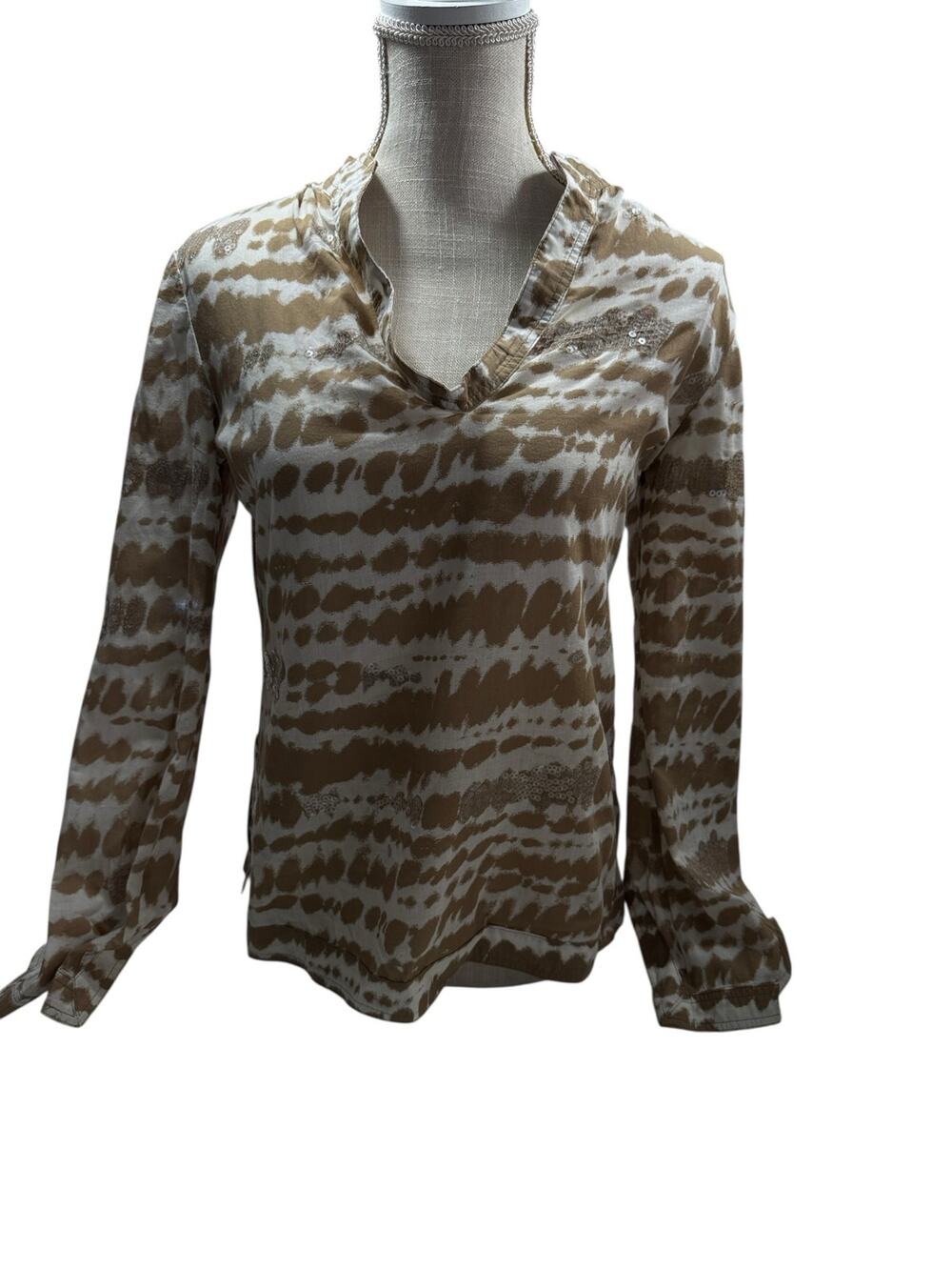 Tory Burch 100% Cotton Sheer Boho Blouse Neutral Tie Dye Print  Resort style